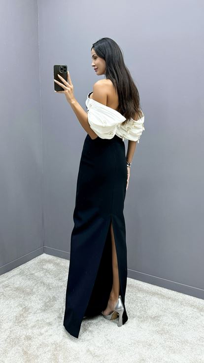 Black Back Bow Strapless Embellished Designer Dress