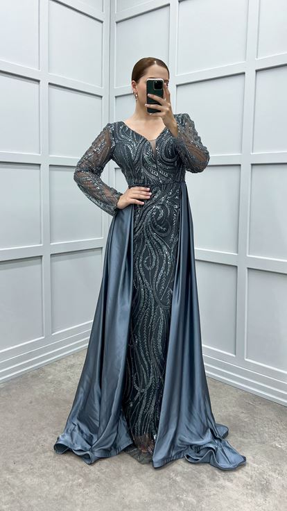 Anthracite Waist Detail Embroidered Design Satin Plus Size Evening Dress