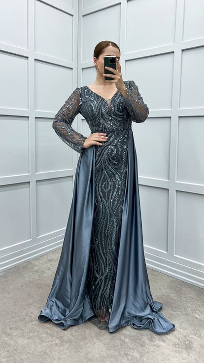 Anthracite Waist Detail Embroidered Design Satin Plus Size Evening Dress