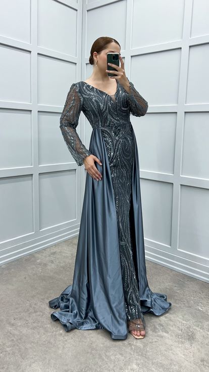Anthracite Waist Detail Embroidered Design Satin Plus Size Evening Dress