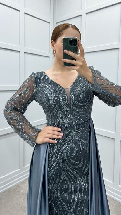 Anthracite Waist Detail Embroidered Design Satin Plus Size Evening Dress
