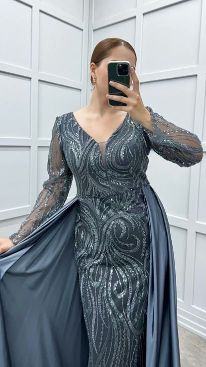 Anthracite Waist Detail Embroidered Design Satin Plus Size Evening Dress
