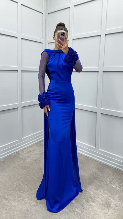 Saks Chest Detail Sleeves Transparent Evening Dress