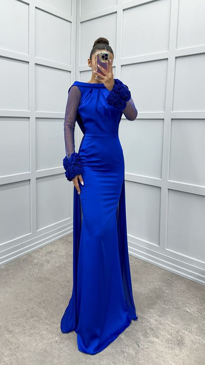 Saks Chest Detail Sleeves Transparent Evening Dress