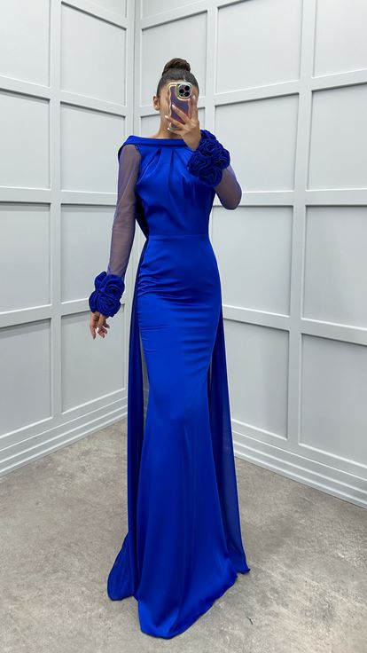 Saks Chest Detail Sleeves Transparent Evening Dress