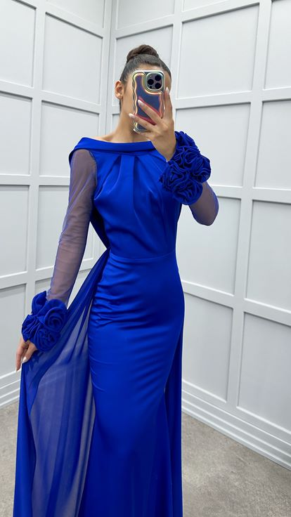 Saks Chest Detail Sleeves Transparent Evening Dress