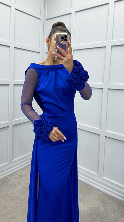 Saks Chest Detail Sleeves Transparent Evening Dress