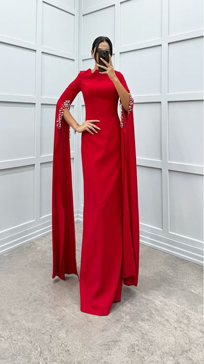Red Asymmetrical Evening Dress with Embellished Sleeves