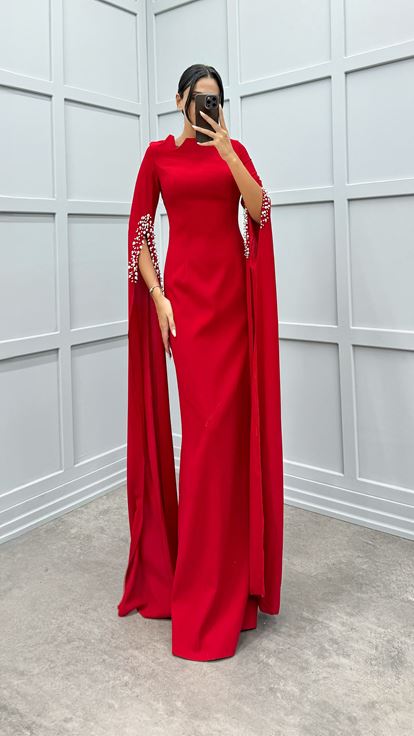 Red Asymmetrical Evening Dress with Embellished Sleeves