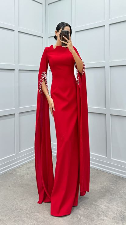 Red Asymmetrical Evening Dress with Embellished Sleeves