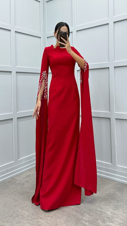 Red Asymmetrical Evening Dress with Embellished Sleeves