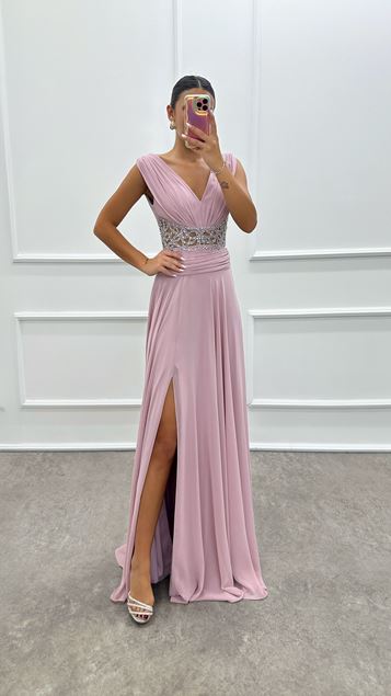 Abito dal design in pietra trasparente con scollo a V in vita color cipria