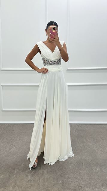 White V-Neck Waist Transparent Stone Design Dress