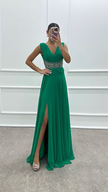 Abito dal design in pietra trasparente con scollo a V verde