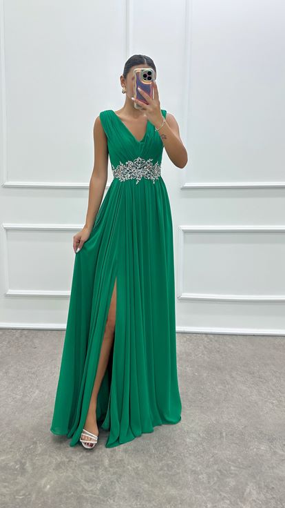 Green V-Neck Waist Transparent Stone Design Dress