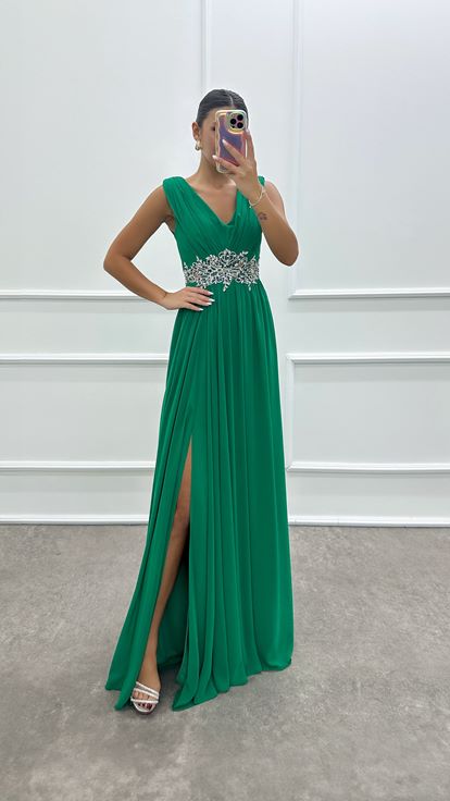 Green V-Neck Waist Transparent Stone Design Dress