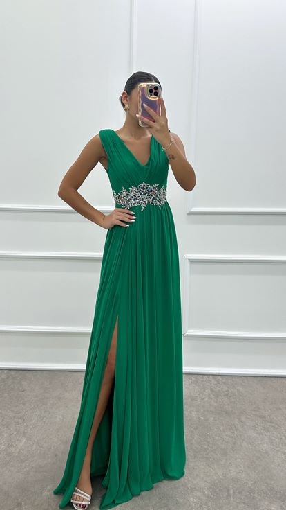 Green V-Neck Waist Transparent Stone Design Dress