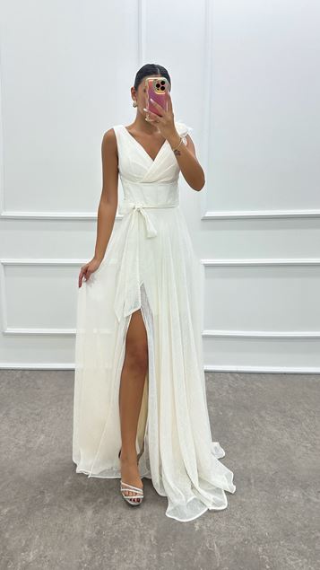 White Off Shoulder Floral Detail Double Breasted Collar Design Dress