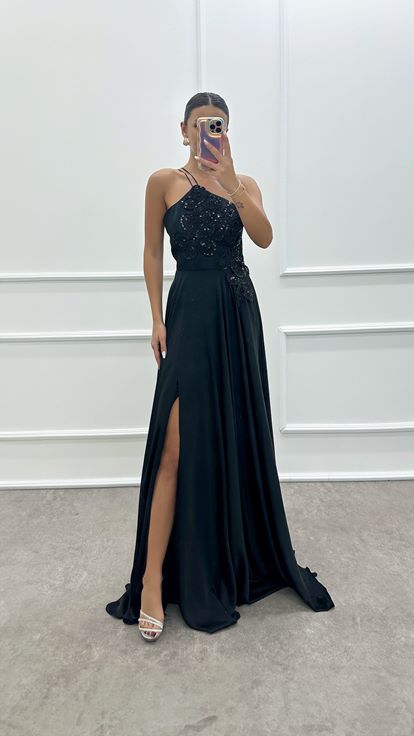 Black Satin Evening Dress with Embroidered Bust Detail