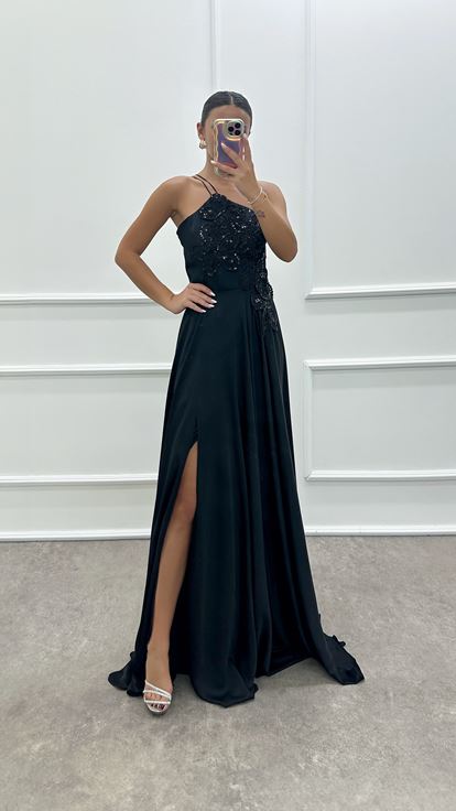 Black Satin Evening Dress with Embroidered Bust Detail