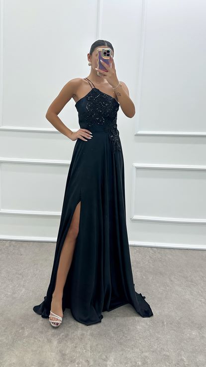 Black Satin Evening Dress with Embroidered Bust Detail