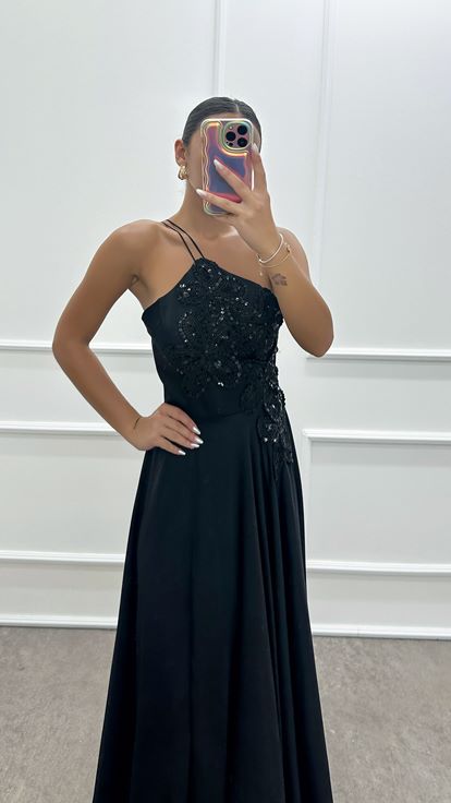 Black Satin Evening Dress with Embroidered Bust Detail