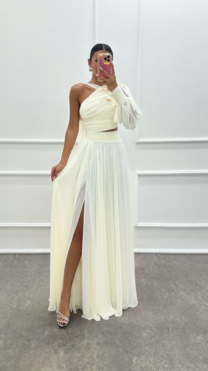 Beyaz Tek Kol Omuzu işleme Detay Transparan Elbise