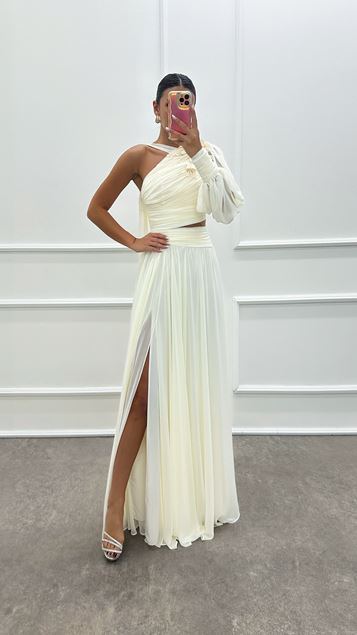 White Single Sleeve Shoulder Embroidery Detail Transparent Dress