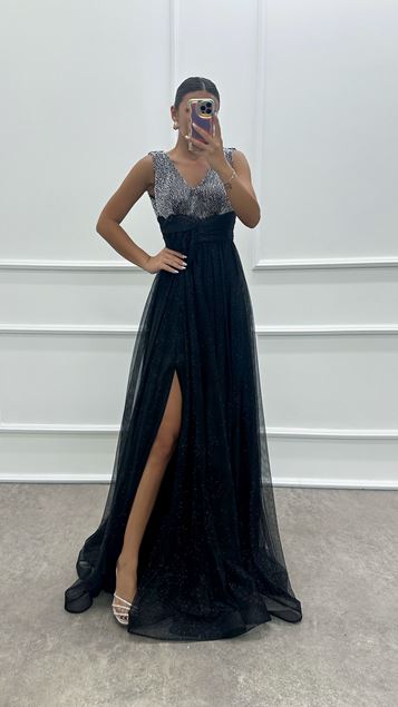 Silver V Neck Dress with Rose Detail Embroidered Waist