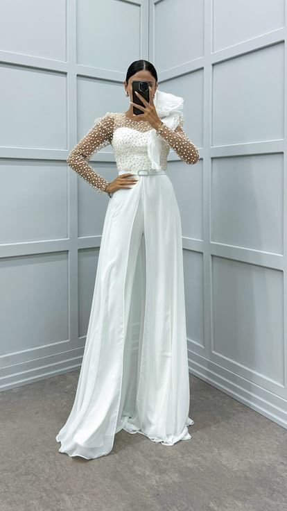 White Chest Flounce Detail Embroidered Design Jumpsuit