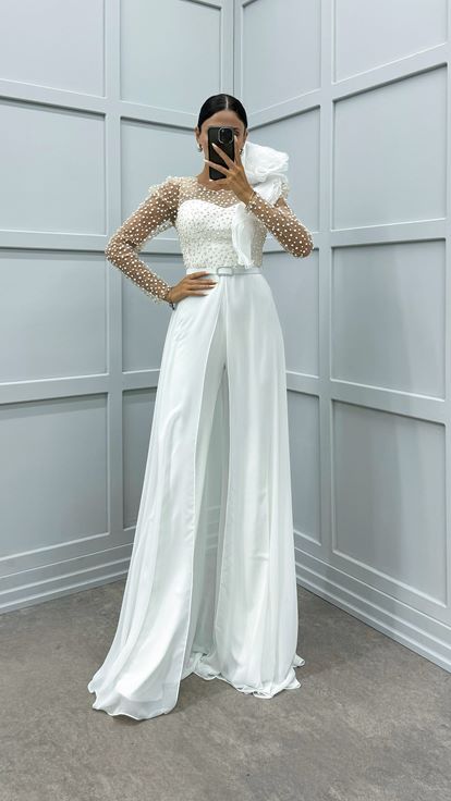 White Chest Flounce Detail Embroidered Design Jumpsuit