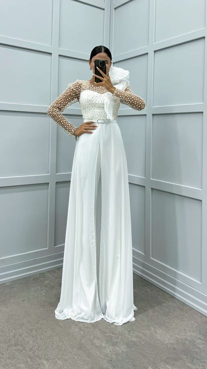 White Chest Flounce Detail Embroidered Design Jumpsuit