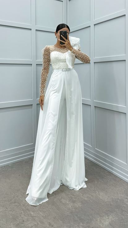 White Chest Flounce Detail Embroidered Design Jumpsuit