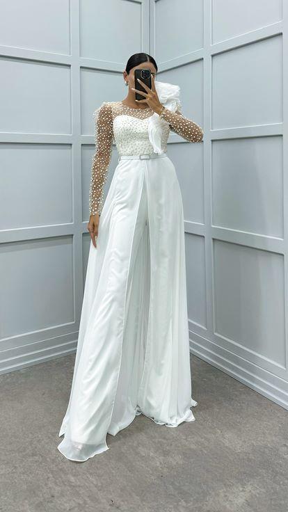 White Chest Flounce Detail Embroidered Design Jumpsuit