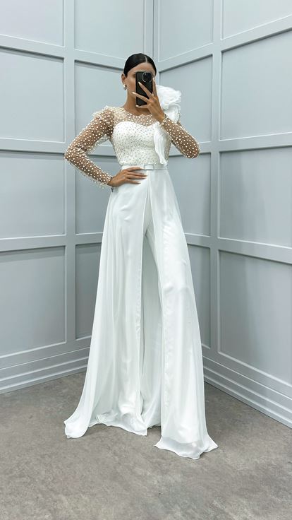 White Chest Flounce Detail Embroidered Design Jumpsuit