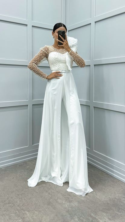 White Chest Flounce Detail Embroidered Design Jumpsuit