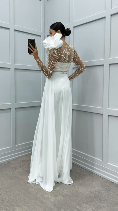 White Chest Flounce Detail Embroidered Design Jumpsuit