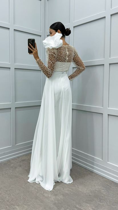 White Chest Flounce Detail Embroidered Design Jumpsuit