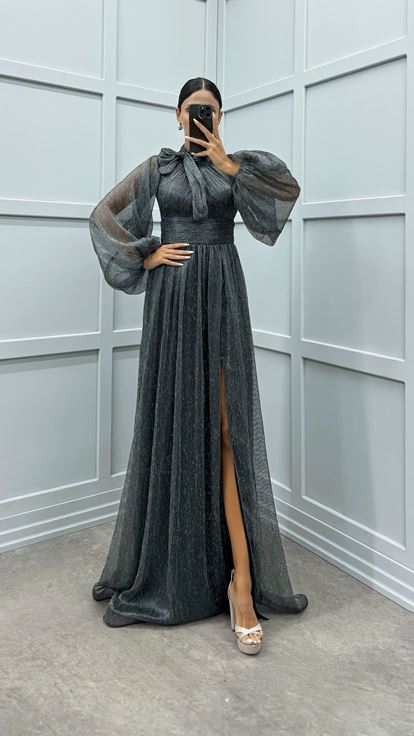 Black Balloon Sleeve Collar Bow Design Dress