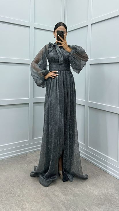 Black Balloon Sleeve Collar Bow Design Dress