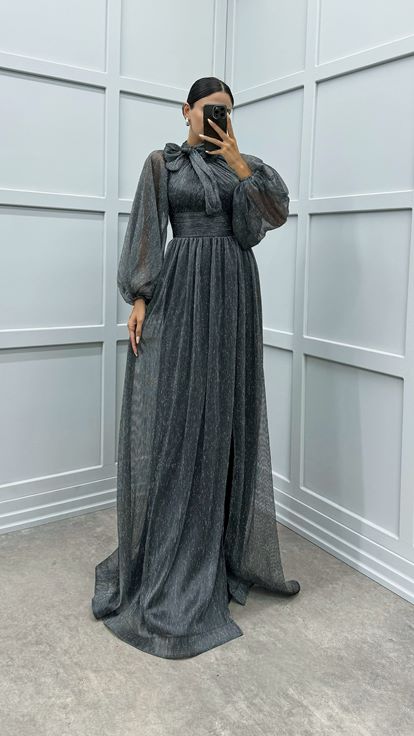 Black Balloon Sleeve Collar Bow Design Dress