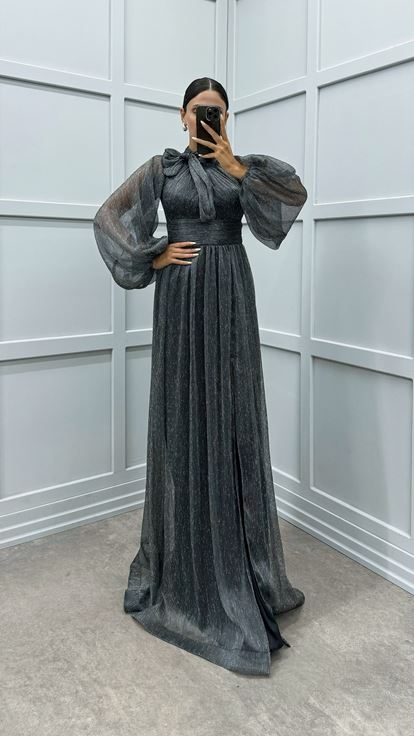 Black Balloon Sleeve Collar Bow Design Dress