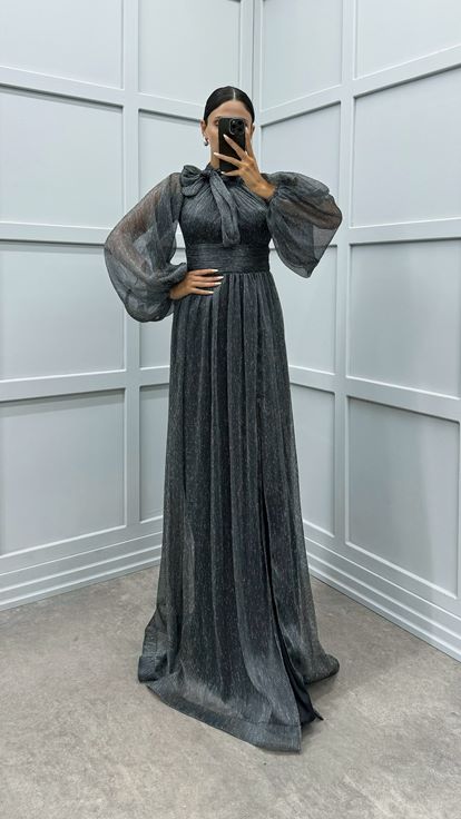 Black Balloon Sleeve Collar Bow Design Dress