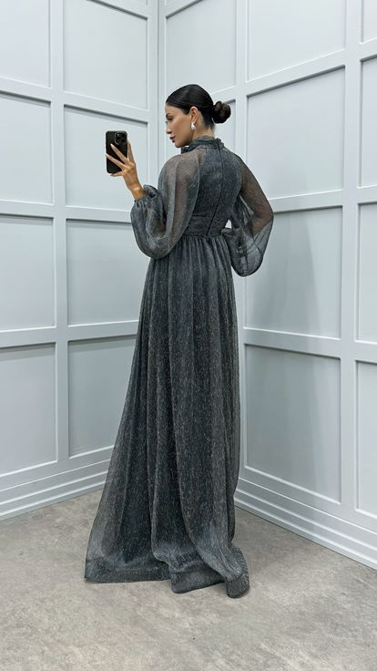 Black Balloon Sleeve Collar Bow Design Dress