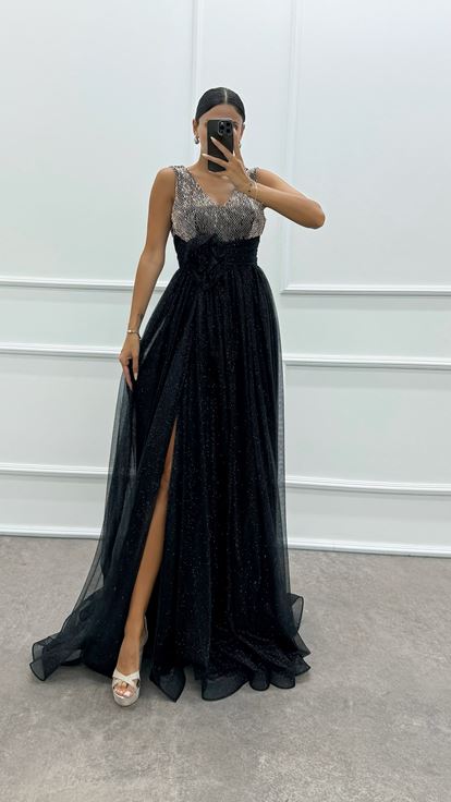 Bakır Beli Gül Detay İşlemeli Tasarım Abiye Elbise