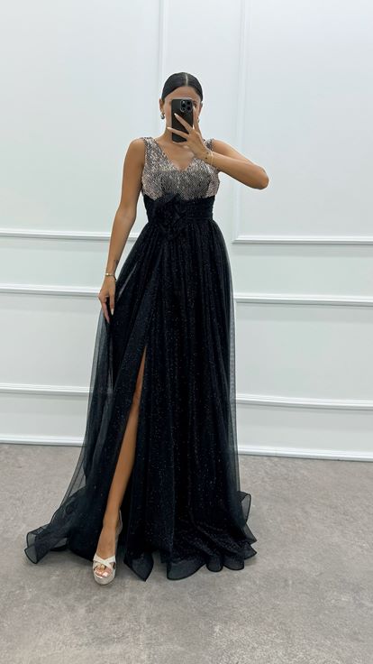 Bakır Beli Gül Detay İşlemeli Tasarım Abiye Elbise