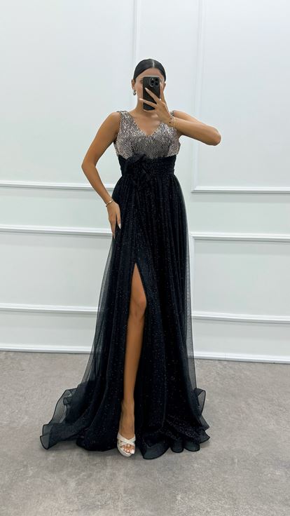 Bakır Beli Gül Detay İşlemeli Tasarım Abiye Elbise