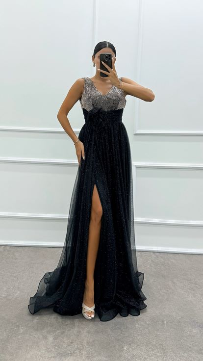 Bakır Beli Gül Detay İşlemeli Tasarım Abiye Elbise