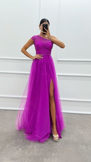 Fuchsia One Shoulder Embroidery Detail Design Dress