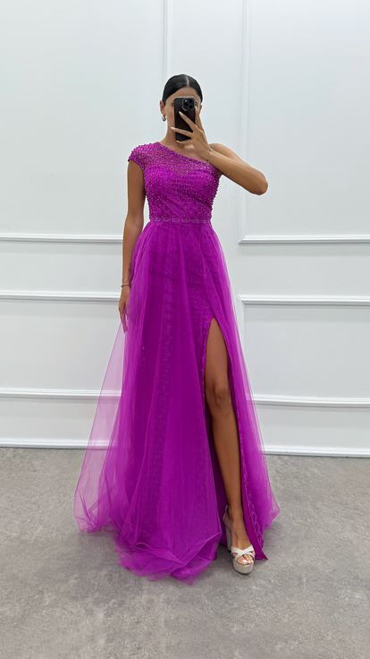 Fuchsia One Shoulder Embroidery Detail Design Dress